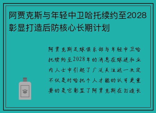 阿贾克斯与年轻中卫哈托续约至2028彰显打造后防核心长期计划